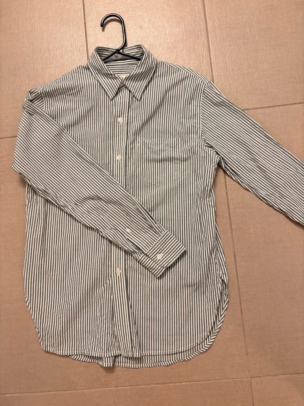 Buck Mason Green and White Striped Long-Sleeve Button-Up Shirt